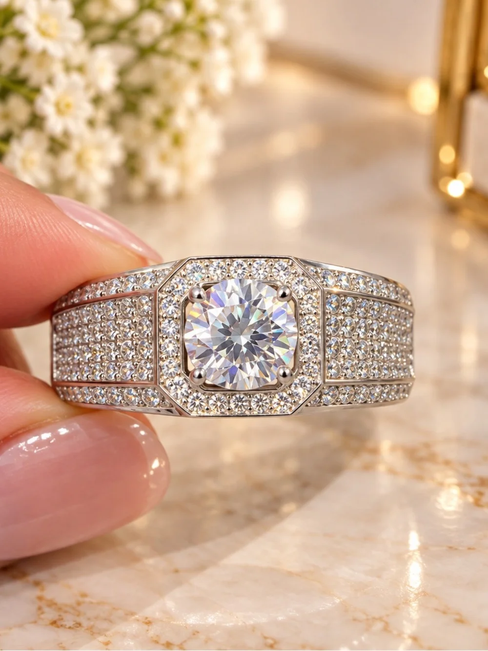 1-6 CT Men's Moissanite Engagement Ring Sterling Silver
